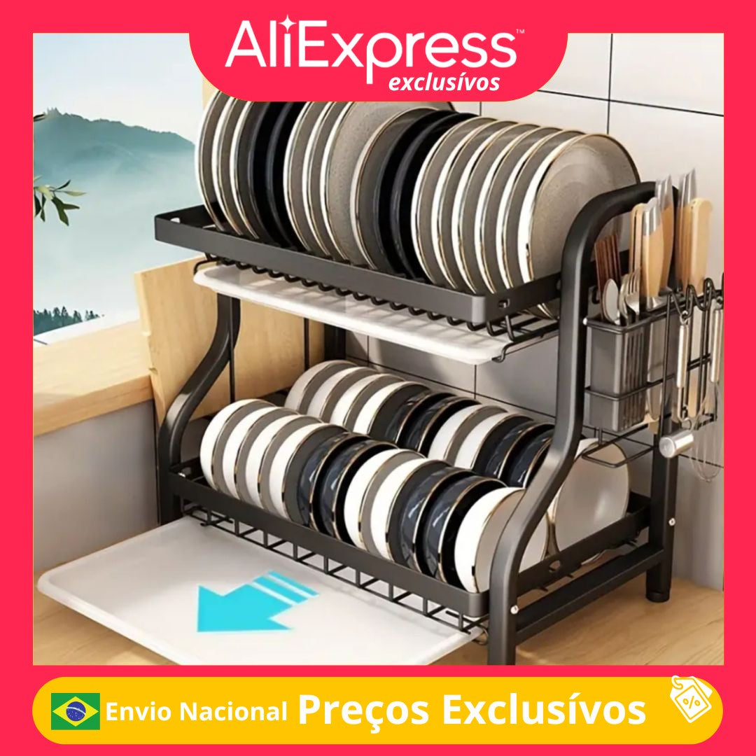 Escorredor Louca Aco Inox Cozinha 2 Andares Preto Porta Prato Talher Copo Utensí